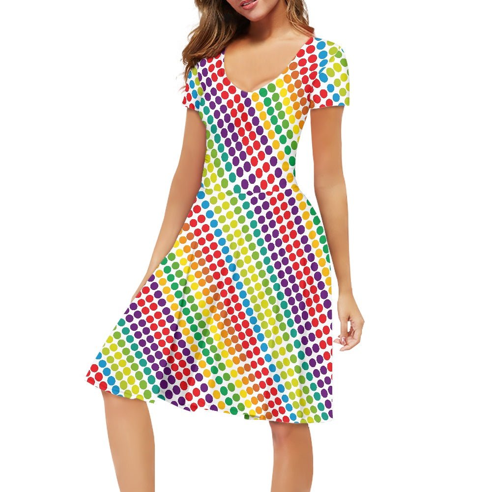 Rainbow Polka Dots Women V-Neck Short Sleeve Ruffle Dress