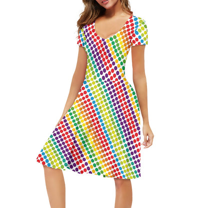 Rainbow Polka Dots Women V-Neck Short Sleeve Ruffle Dress