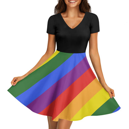 Rainbow Women short Sleeve Black Ruffle Dress