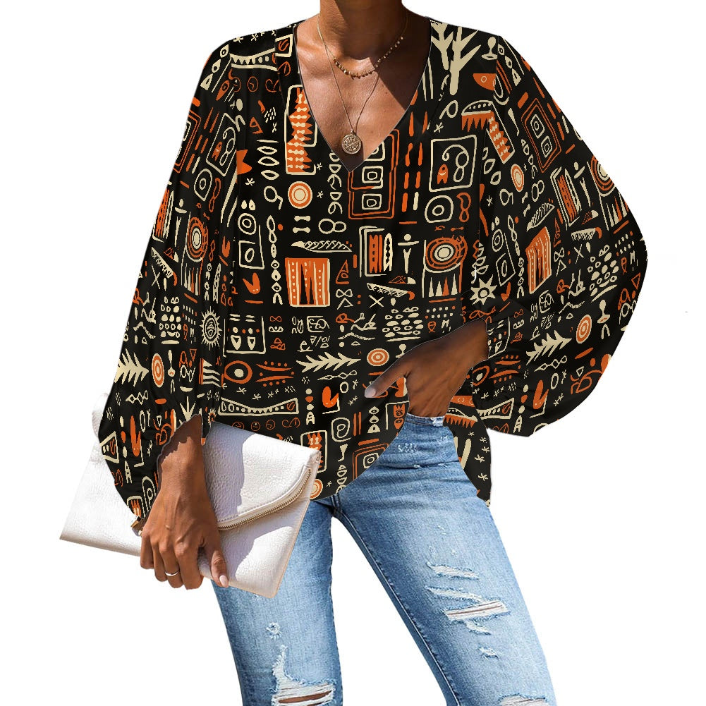 African Ethnic Glyphs V-Neck Chiffon Puff Sleeve Blouse by Luxtrini 4XL