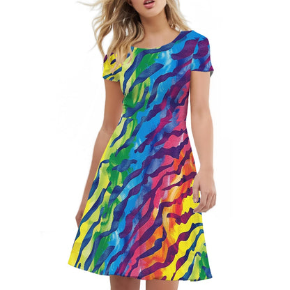 Luxtrini Rainbow Animal Print Womens Scoop Neck Short Sleeve Ruffle Dress - Vibrant, Custom Handmade, Perfect for All Occasions