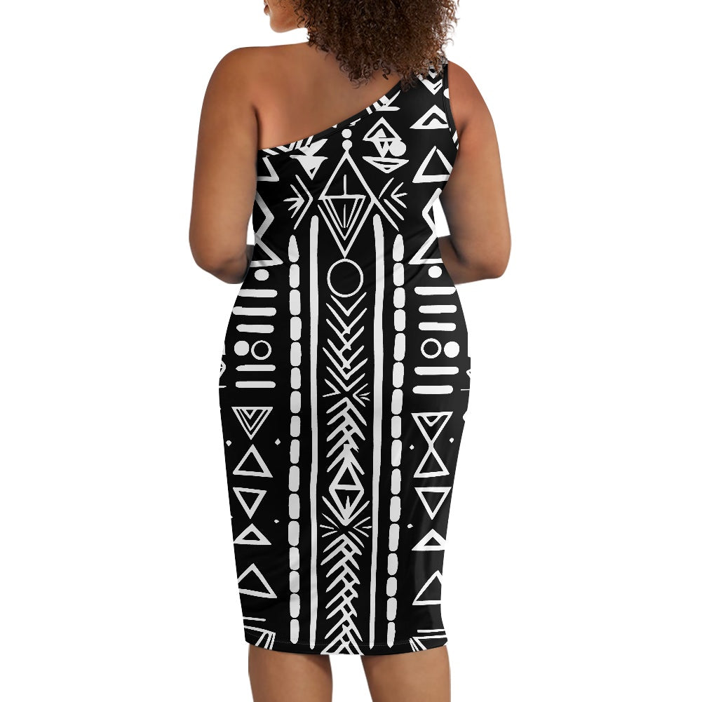 Discover Elegance: Luxtrini's One-Shoulder Slim Dress - B&W Ethnic