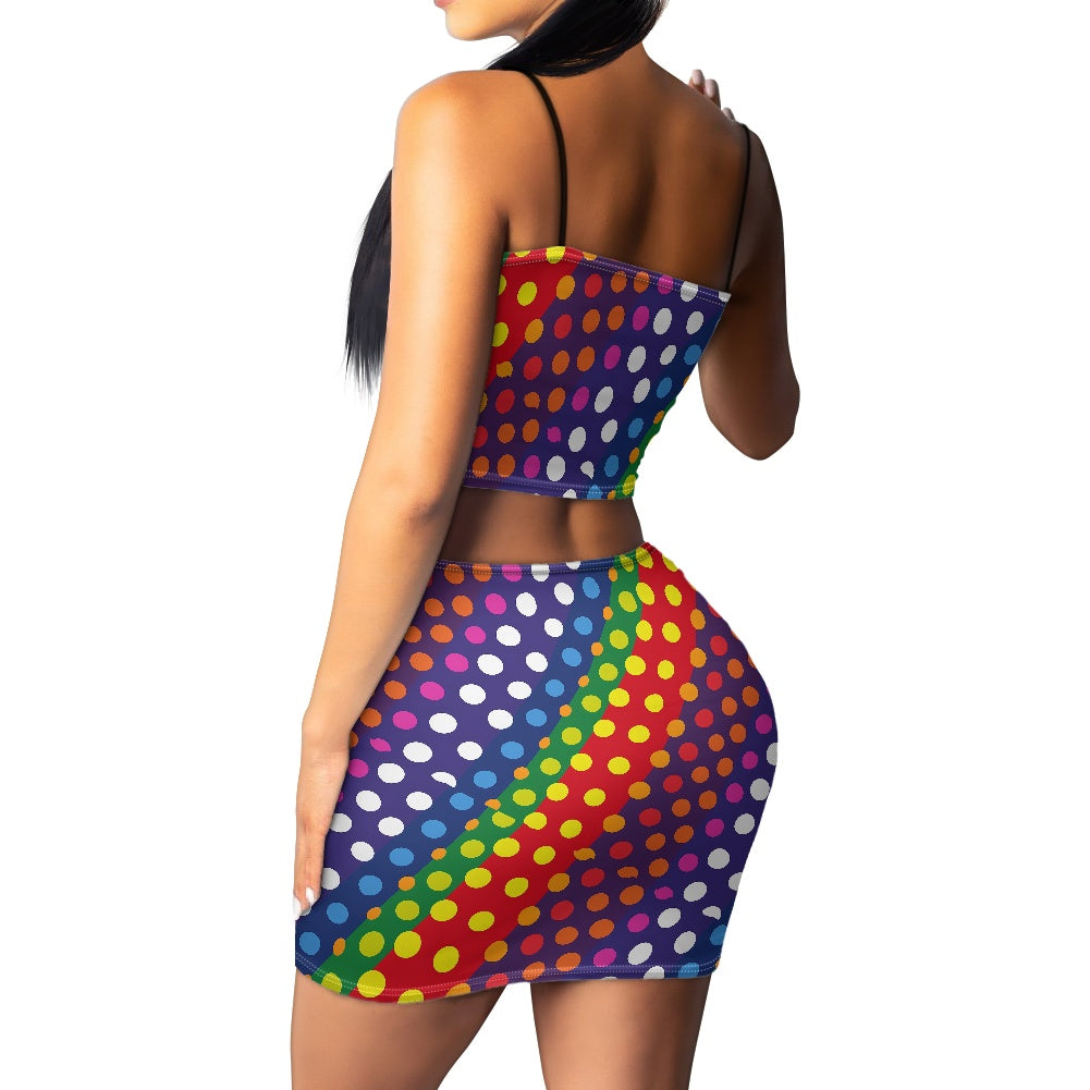 LGBTQ-Friendly Rainbow Polka Dot Fashionable Two-Piece Outfit: Bandeau Crop Top and High-Waist Mini Skirt by Luxtrini