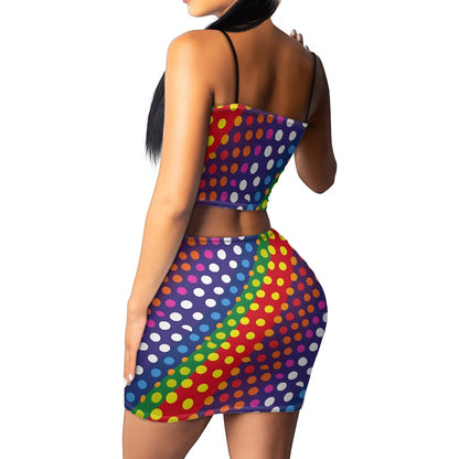 LGBTQ-Friendly Rainbow Polka Dot Fashionable Two-Piece Outfit: Bandeau Crop Top and High-Waist Mini Skirt by Luxtrini