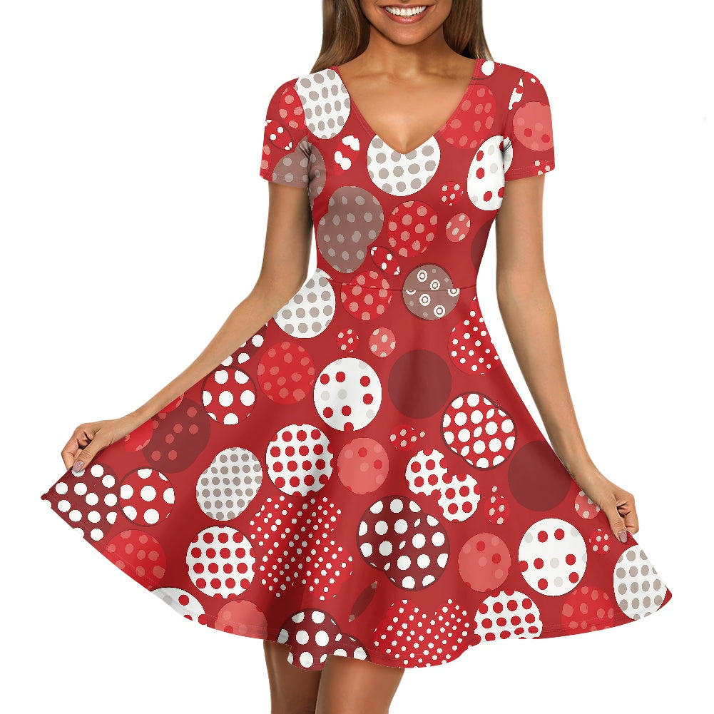 Retro Polka Dot Red Fit & Flare V-Neck Dress – Vintage-Inspired Party Dress