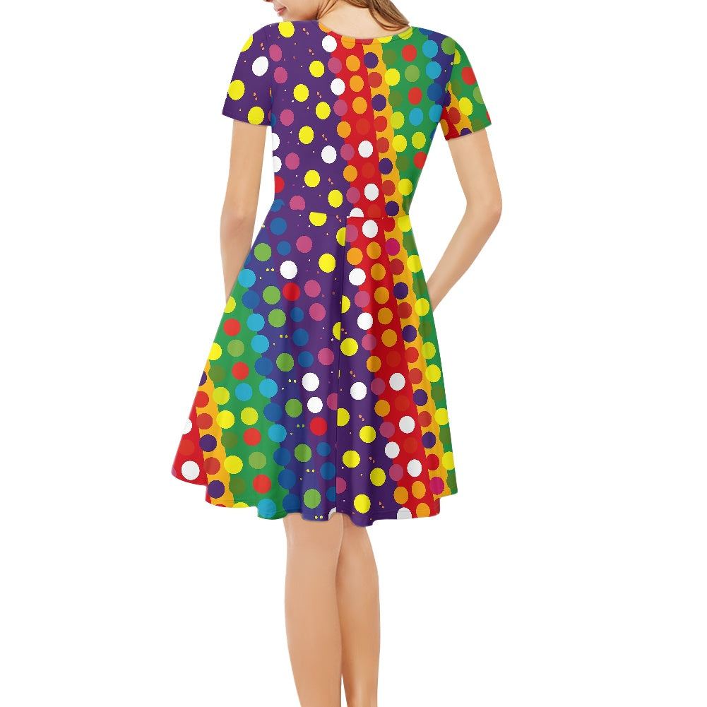 Polka Dot Rainbow Women V-Neck Short Sleeve Ruffle Dress