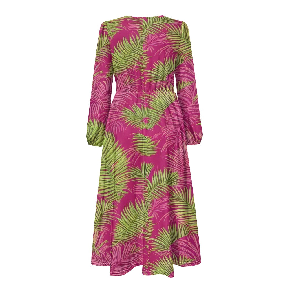 V-Neck Long Sleeve Tie Waist Midi Dress