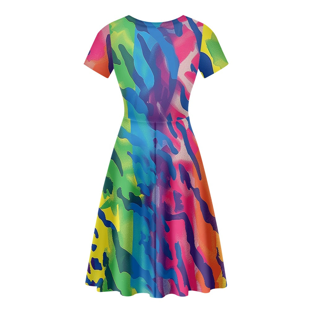 Women Scoop Neck Short Sleeve Ruffle Dress