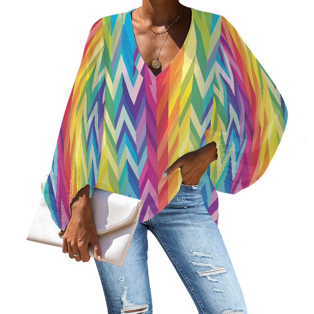 Rainbow Chevrons LGBTQ V-Neck Chiffon Puff Sleeve Blouse by Luxtrini