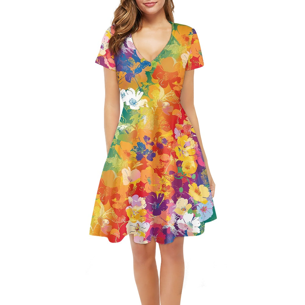 Women V-Neck Short Sleeve Ruffle Dress