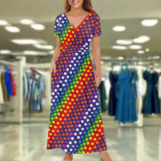 LGBTQ-Friendly Rainbow Polka Dot 
Flattering Short Sleeve Maxi Dress with Waistband and Flowing Skirt by Luxtrini