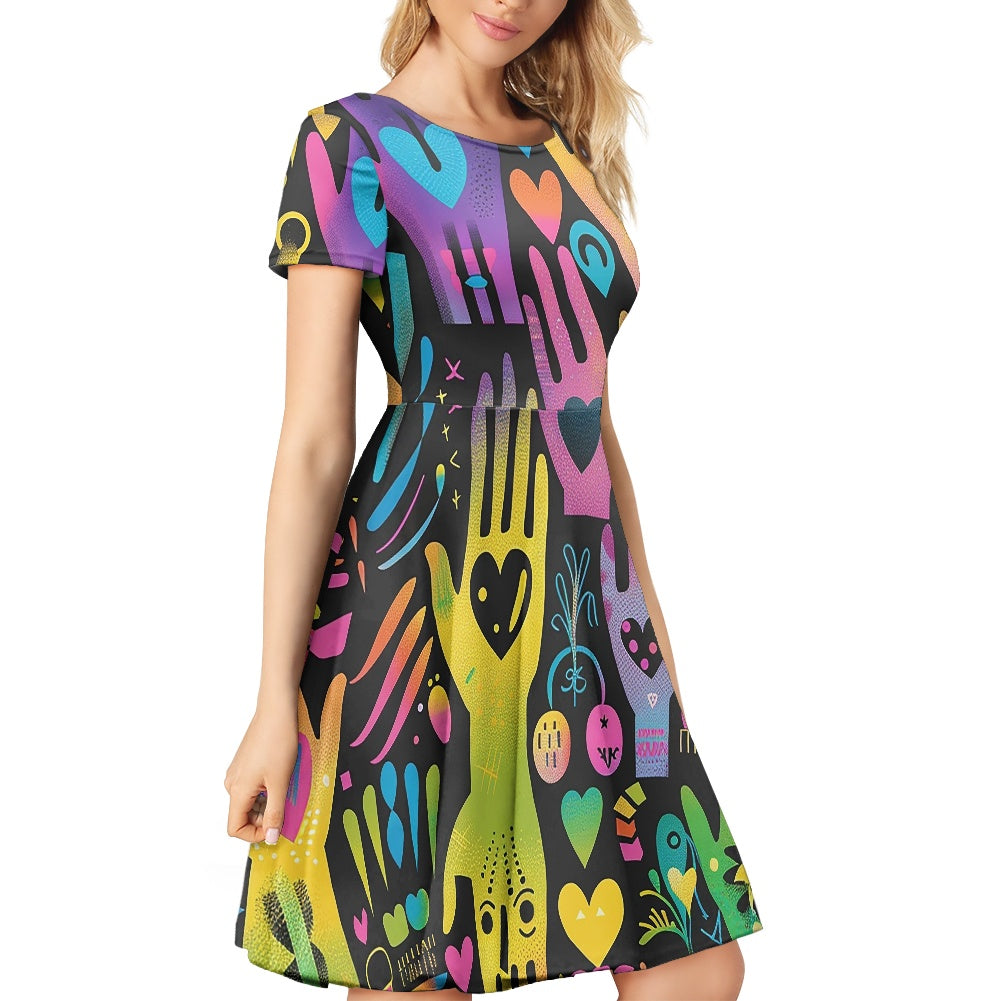 Women Scoop Neck Short Sleeve Ruffle Dress