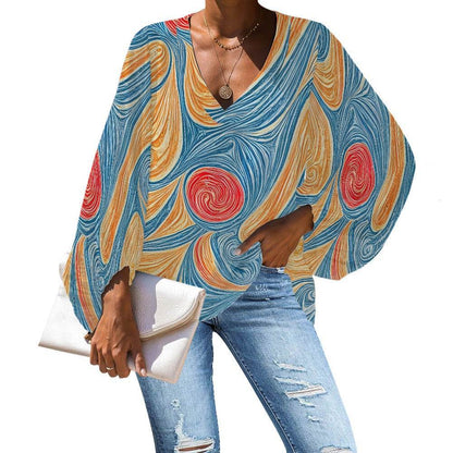 Abstract V-Neck Chiffon Puff Sleeve Blouse by Luxtrini 4XL