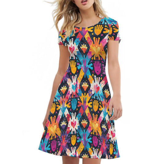 Women Scoop Neck Short Sleeve Ruffle Dress