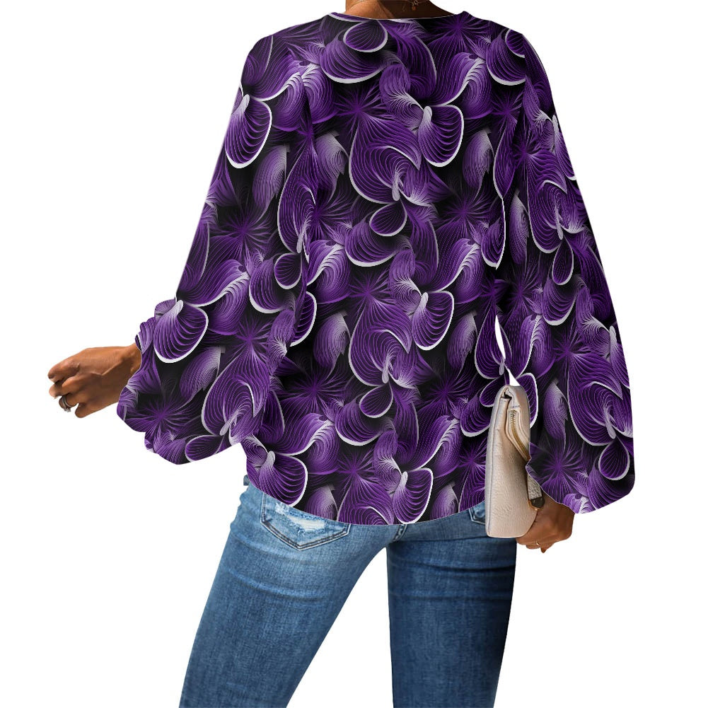 V-Neck Puff Sleeve Chiffon Blouse