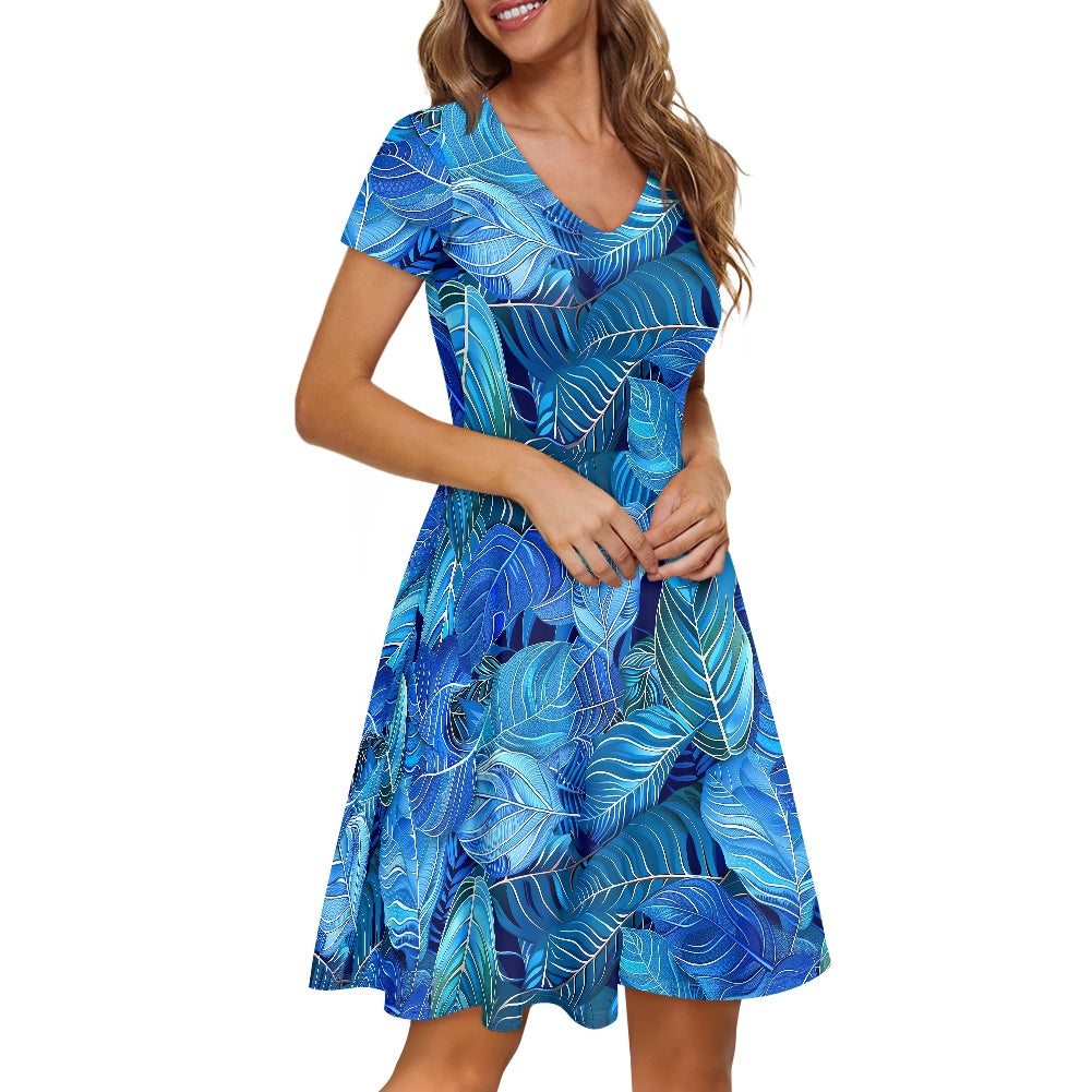 Blue Leaves Women V-Neck Short Sleeve Ruffle Dress