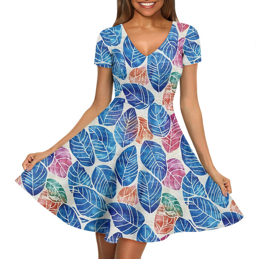 Leaves Women V-Neck Short Sleeve Ruffle Dress