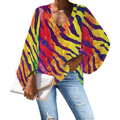 Rainbow Animal Print V-Neck Chiffon Puff Sleeve Blouse by Luxtrini 4XL