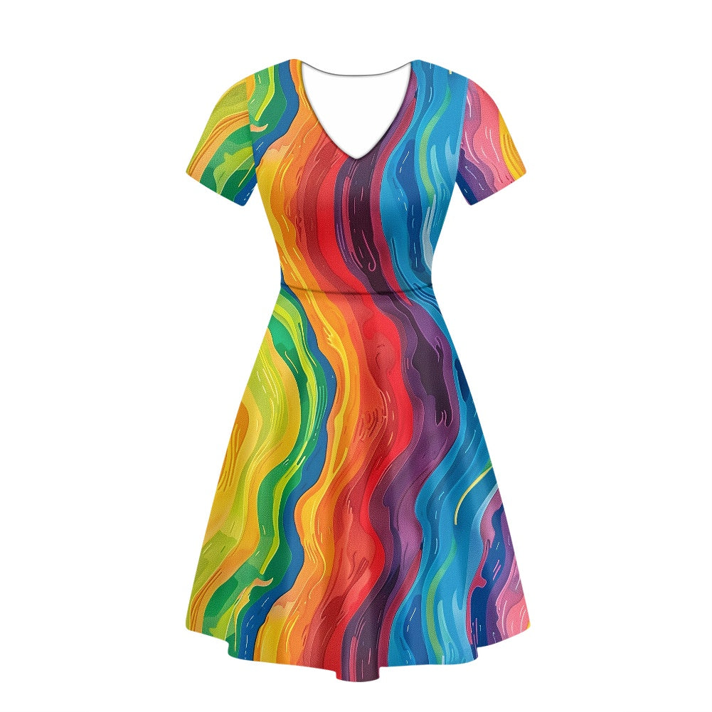 Rainbow Women V-Neck Short Sleeve Ruffle Dress white