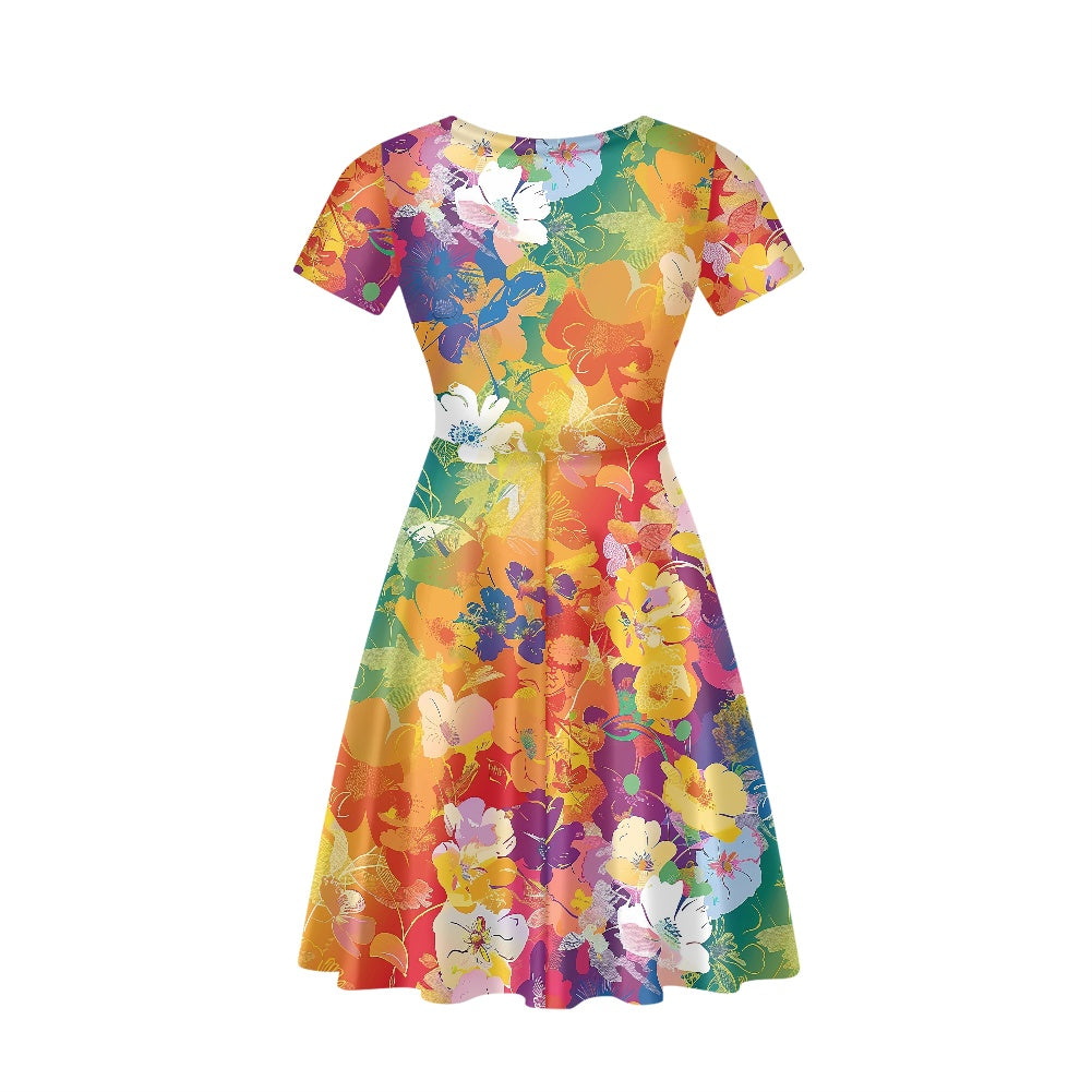 Women V-Neck Short Sleeve Ruffle Dress