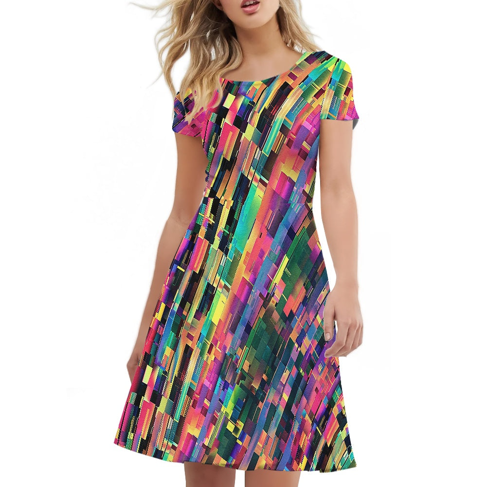 Rainbow Glitch Women Scoop Neck Short Sleeve Ruffle Dress