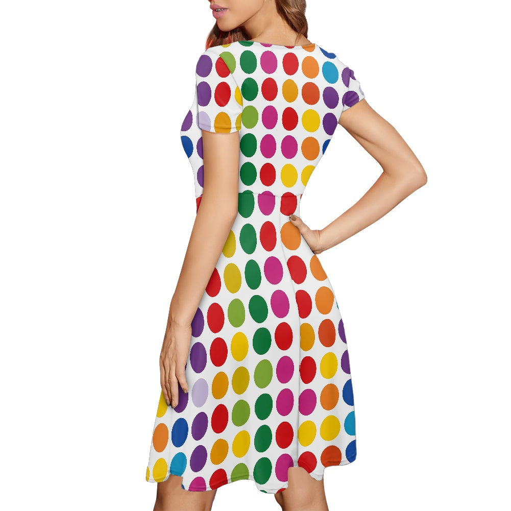 Rainbow Polka Dot Women Scoop Neck Short Sleeve Ruffle Dress