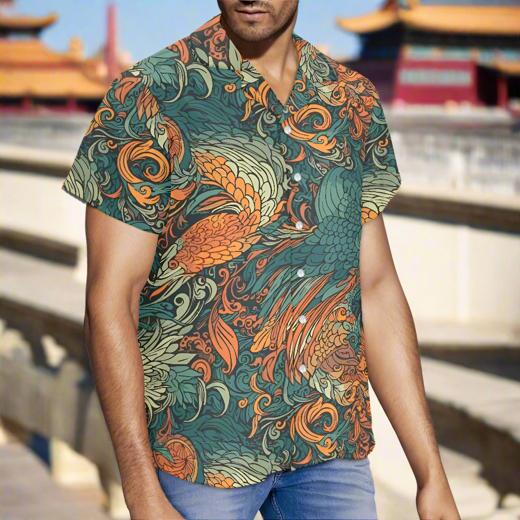 Luxtrini Men’s Dragon and Phoenix Aloha Shirt – Eco Hawaiian Button-Up with Artistic Mythology Print (2XS–7XL)