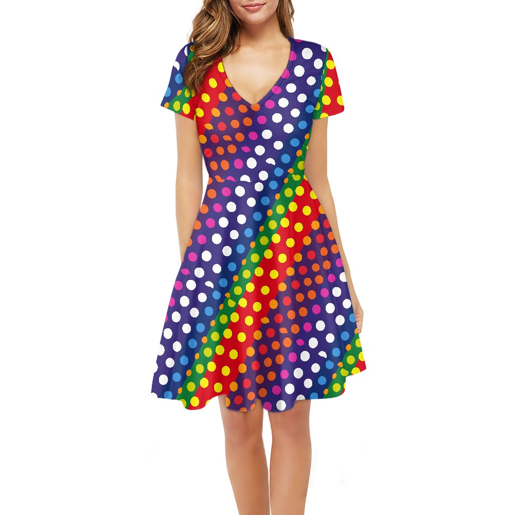 LGBTQ-Friendly Rainbow Polka Dot V-Neck Women Short Sleeve Ruffle Dress by Luxtrini