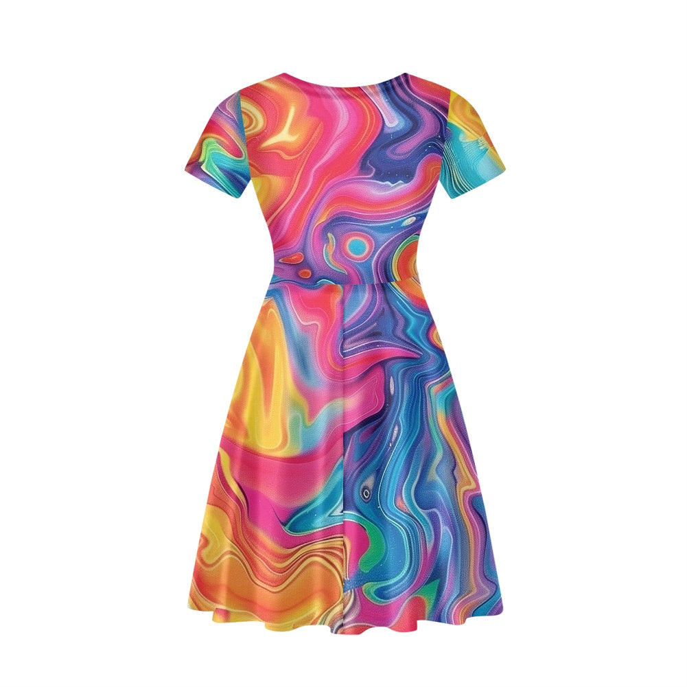 Women V-Neck Short Sleeve Ruffle Dress
