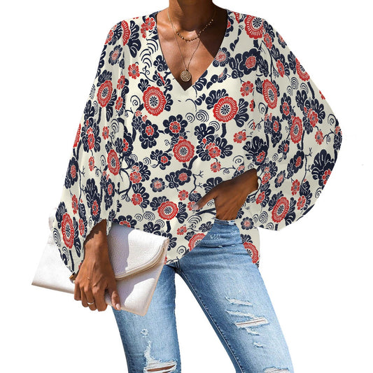 V-Neck Chiffon Puff Sleeve Blouse by Luxtrini 4XL