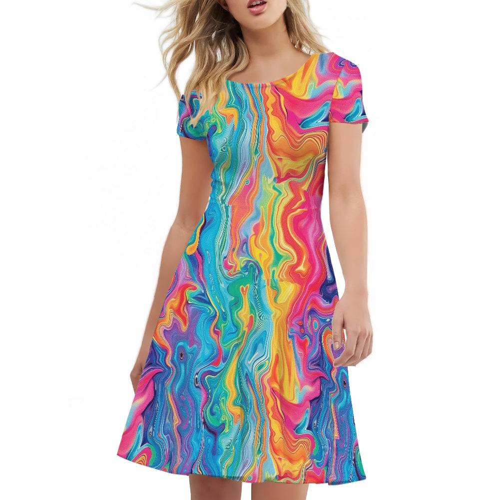 Women Scoop Neck Short Sleeve Ruffle Dress