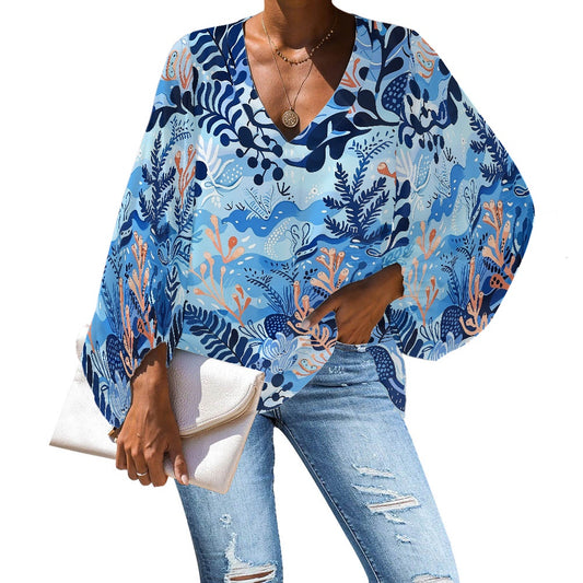 V-Neck Chiffon Puff Sleeve Blouse by Luxtrini 4XL