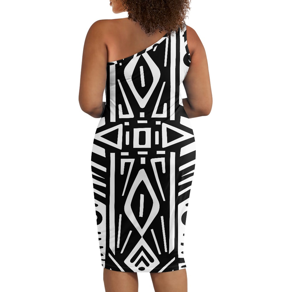 Discover Elegance: Luxtrini's One-Shoulder Slim Dress - B&W Ethnic