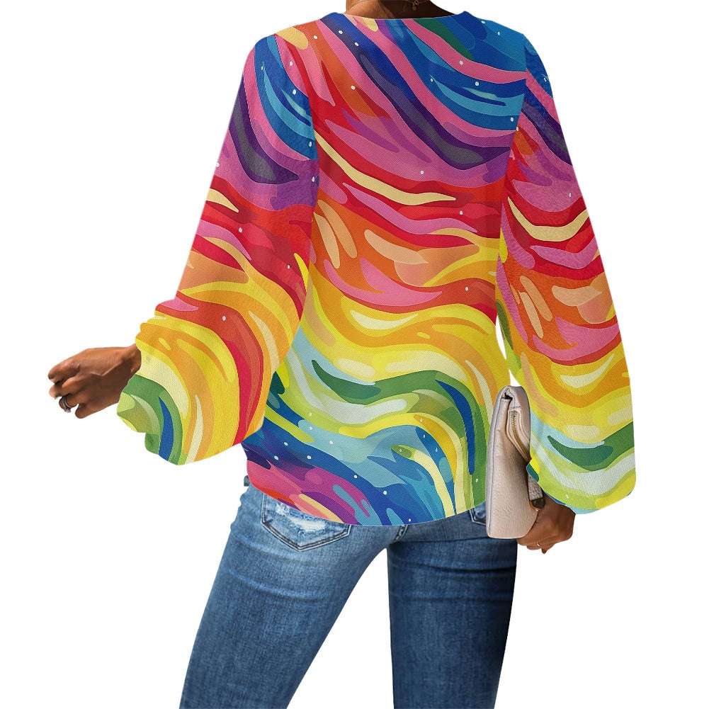 V-Neck Chiffon Puff Sleeve Blouse by Luxtrini