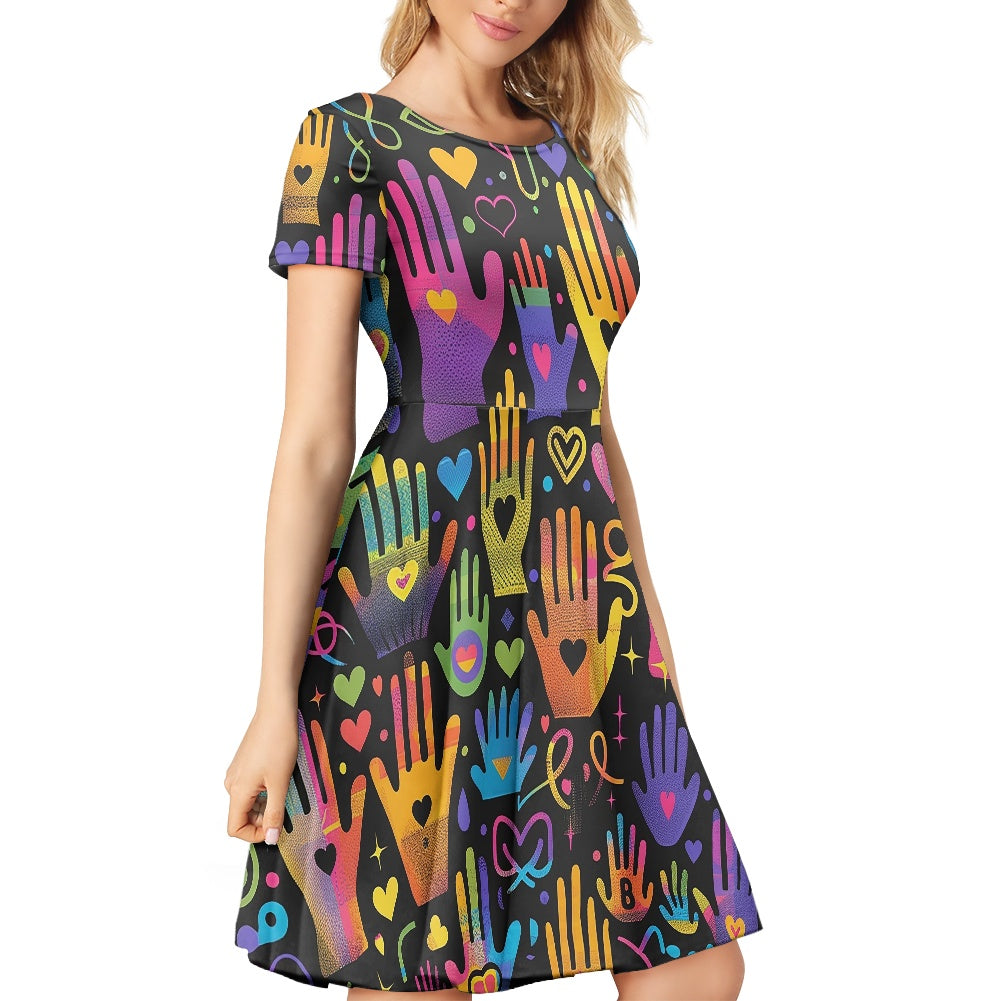 Women Scoop Neck Short Sleeve Ruffle Dress