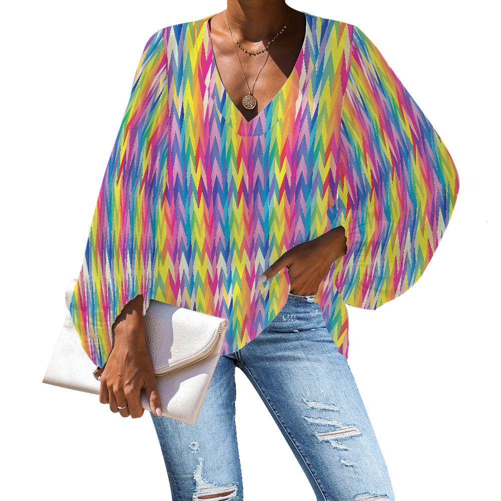 V-Neck Chiffon Puff Sleeve Blouse by Luxtrini 4XL