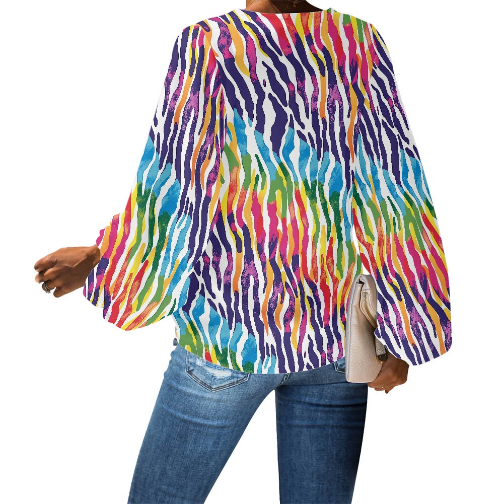 V-Neck Chiffon Puff Sleeve Blouse by Luxtrini