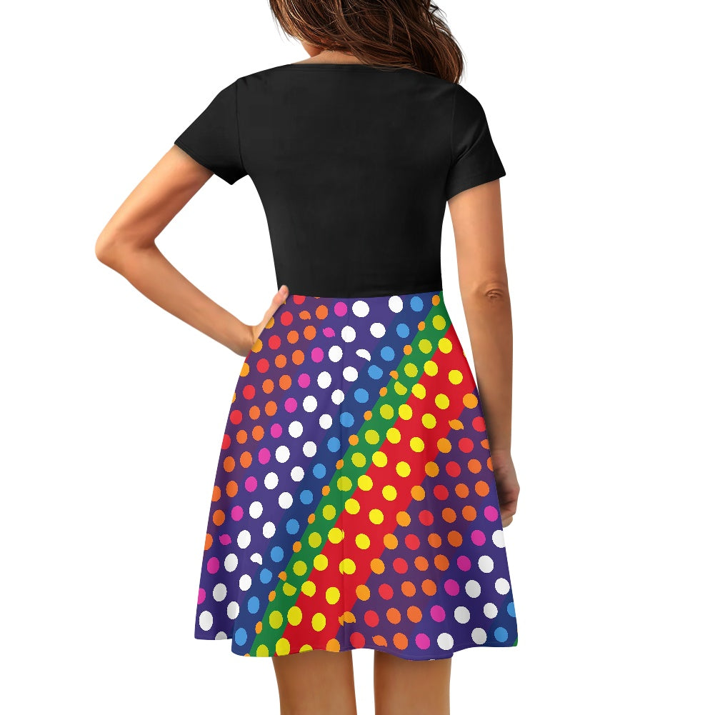 LGBTQ-Friendly Rainbow Polka Dot V-Neck Black Top Women short Sleeve Ruffle Dress by Luxtrini