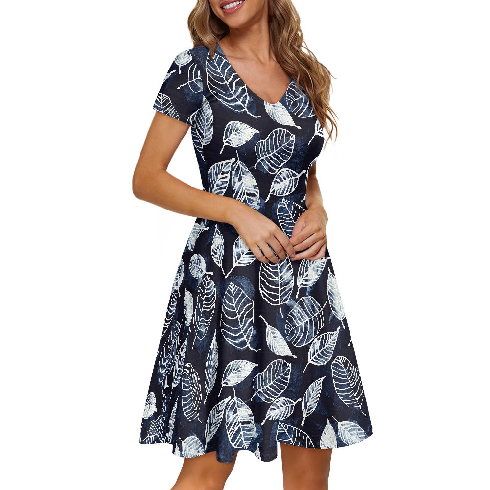 Women V-Neck Short Sleeve Ruffle Dress