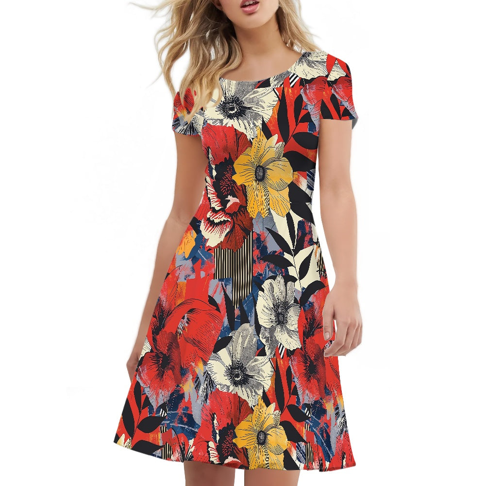 Women Scoop Neck Short Sleeve Ruffle Dress