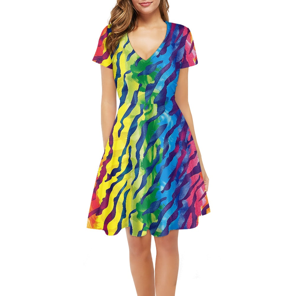 Rainbow Animal Skin Women V-Neck Short Sleeve Ruffle Dress