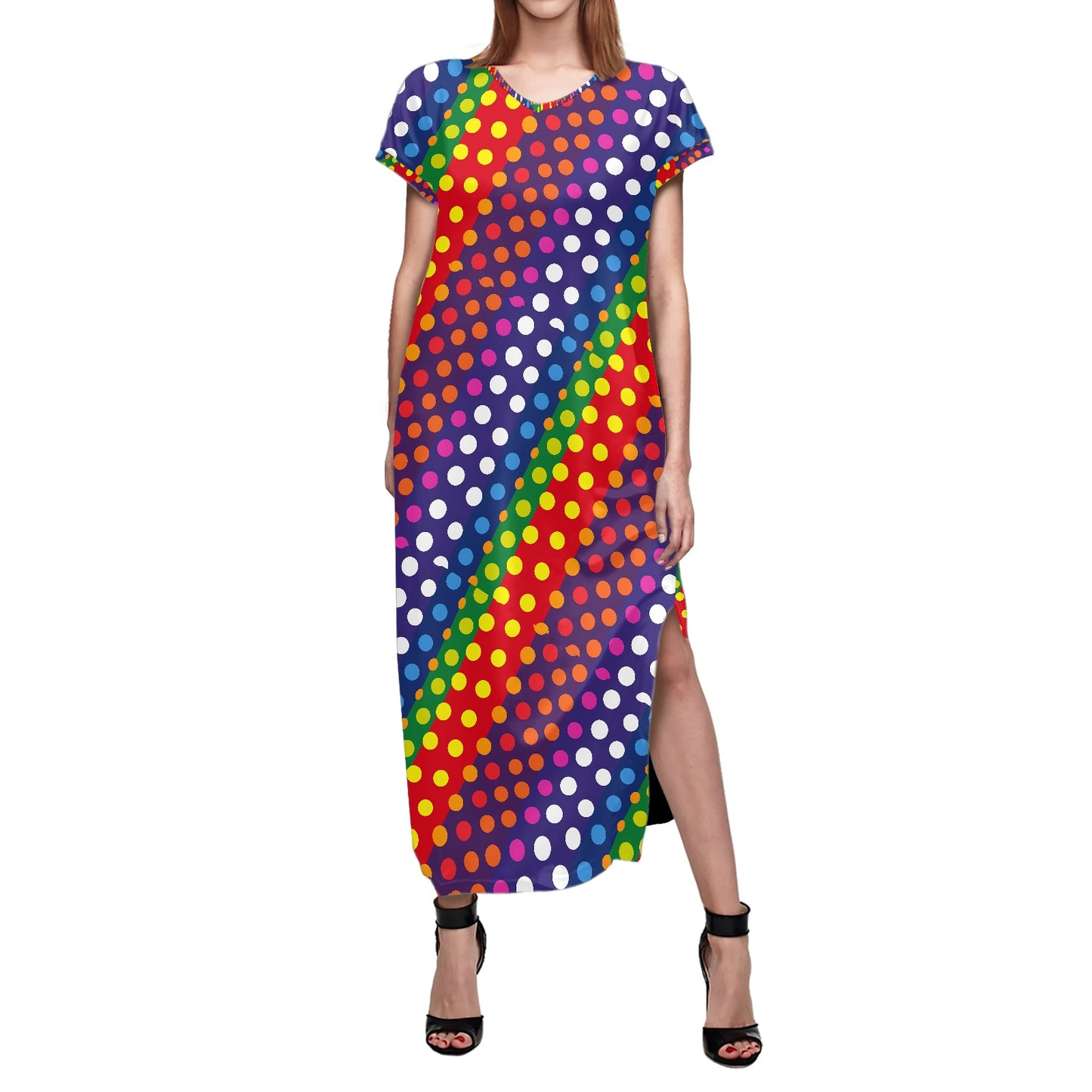 LGBTQ-Friendly Rainbow Polka Dot Short-Sleeved Slit Dress by Luxtrini