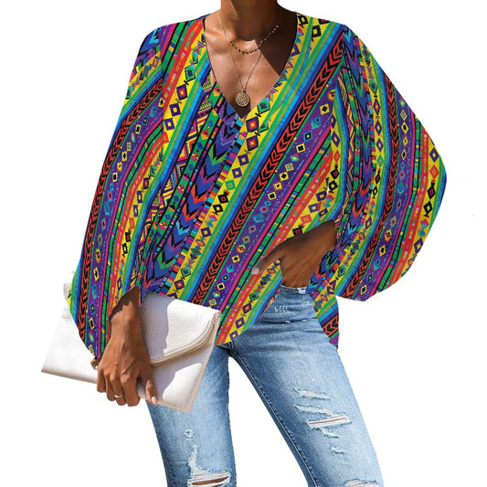 V-Neck Chiffon Puff Sleeve Blouse by Luxtrini 4XL