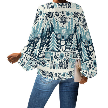 V-Neck Puff Sleeve Chiffon Blouse
