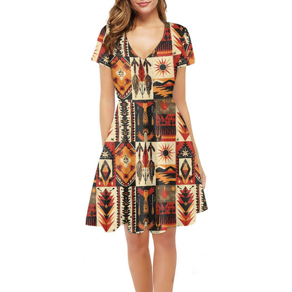 Women V-Neck Short Sleeve Ruffle Dress