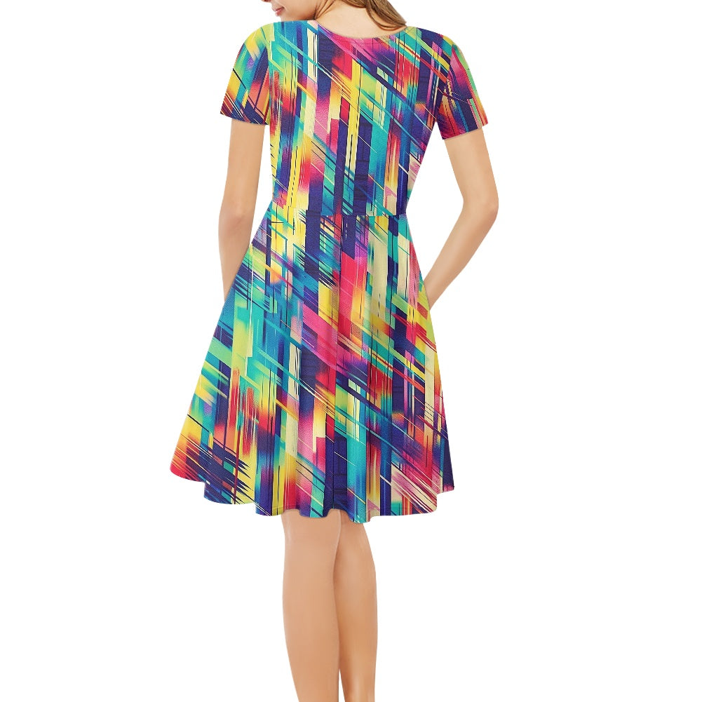 Rainbow Glitch Women V-Neck Short Sleeve Ruffle Dress