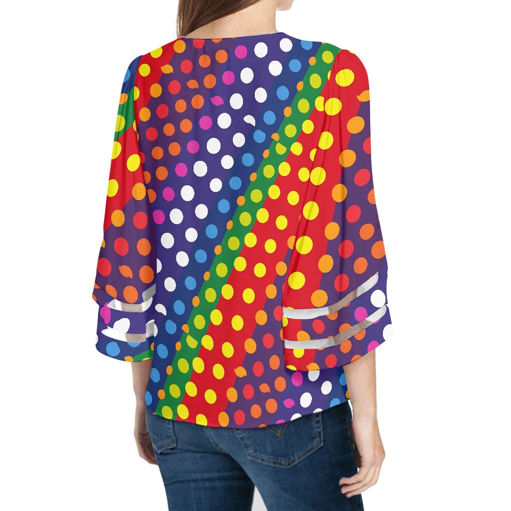 LGBTQ-Friendly Rainbow Polka Dot V-Neck Women Puff Sleeve Blouse by Luxtrini