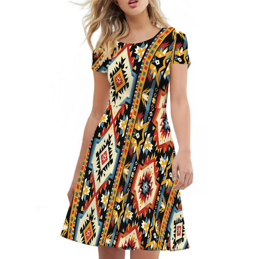 Women Scoop Neck Short Sleeve Ruffle Dress