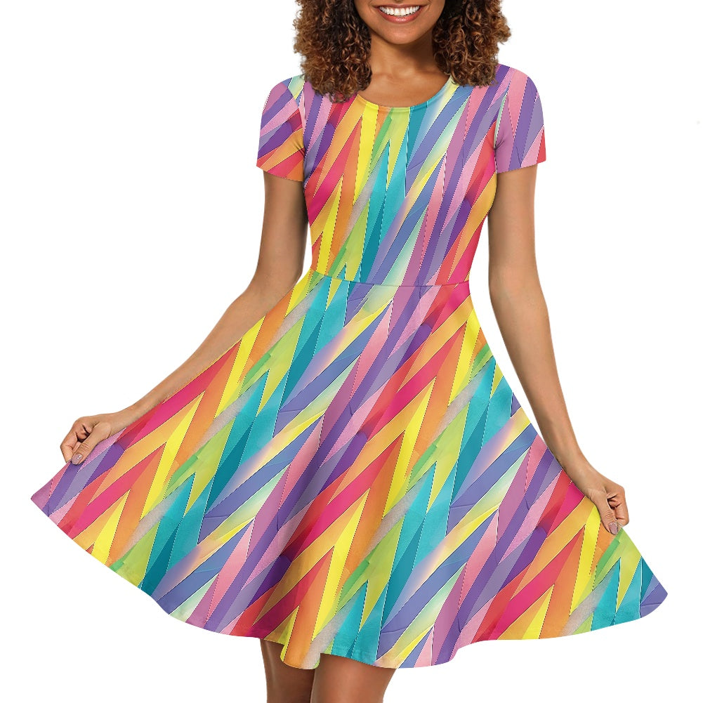 Pastel Chevron Rainbow Stripes Women Scoop Neck Short Sleeve Ruffle Dress