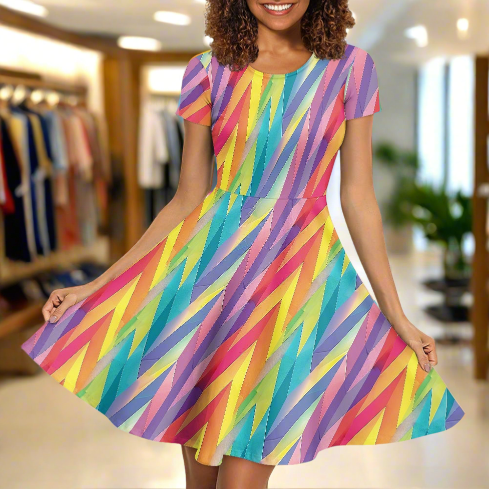 Pastel Chevron Rainbow Stripes Women Scoop Neck Short Sleeve Ruffle Dress